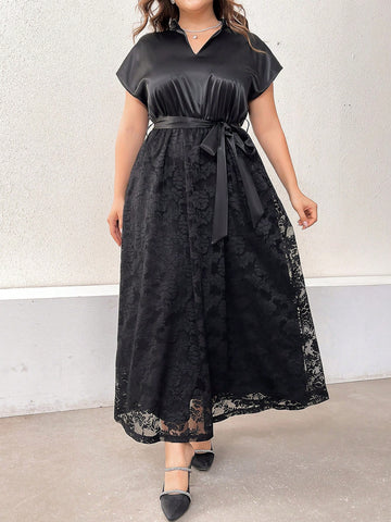 Plus Size Solid Color Belted Lace Splicing Dress