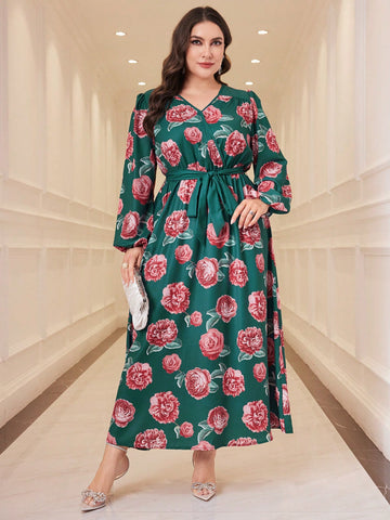 Plus Size Floral Printed Arabian Clothing Dress With V-Neck