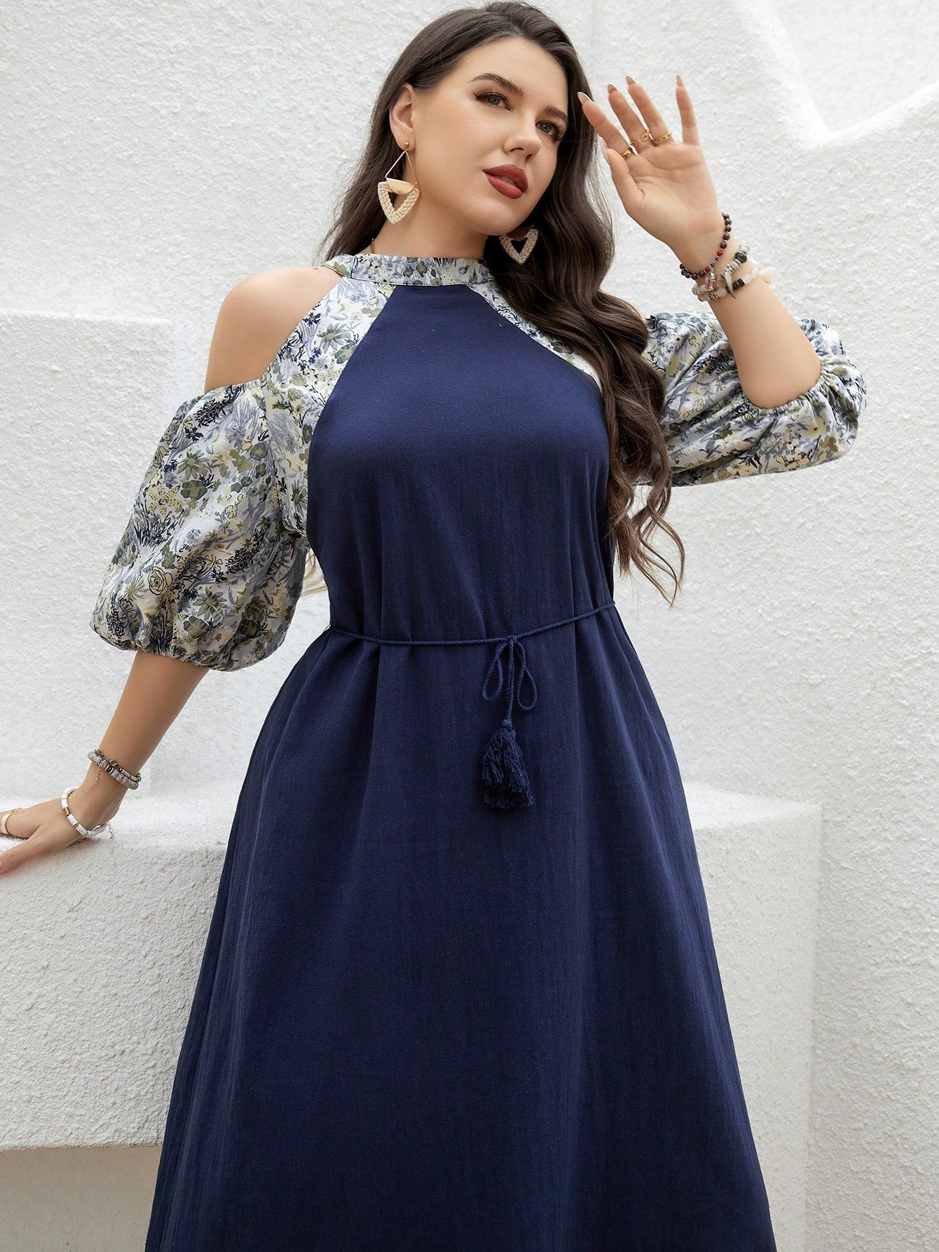 Plus Size Elegant Floral Print Cold Shoulder Lantern Sleeve Belted Dress