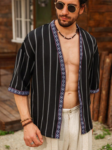 Men Bohemian Casual Vacation Color Block Tape Patchwork Shirt, Kimono Style