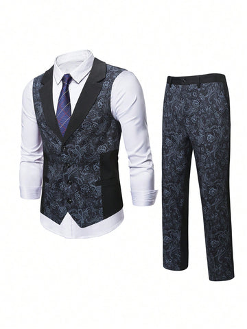 Men Casual Paisley Jacquard Lapel Neck Waistcoat & Long Pants Suit