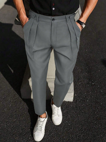 Men's Solid Color Pleated Slant Pocket Casual Dress Pants