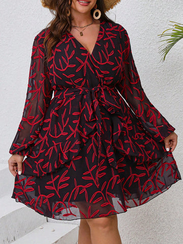 Plus Size Embroidered Detail V-Neck Cinched Waist Lantern Sleeve Spring Summer Casual Dress