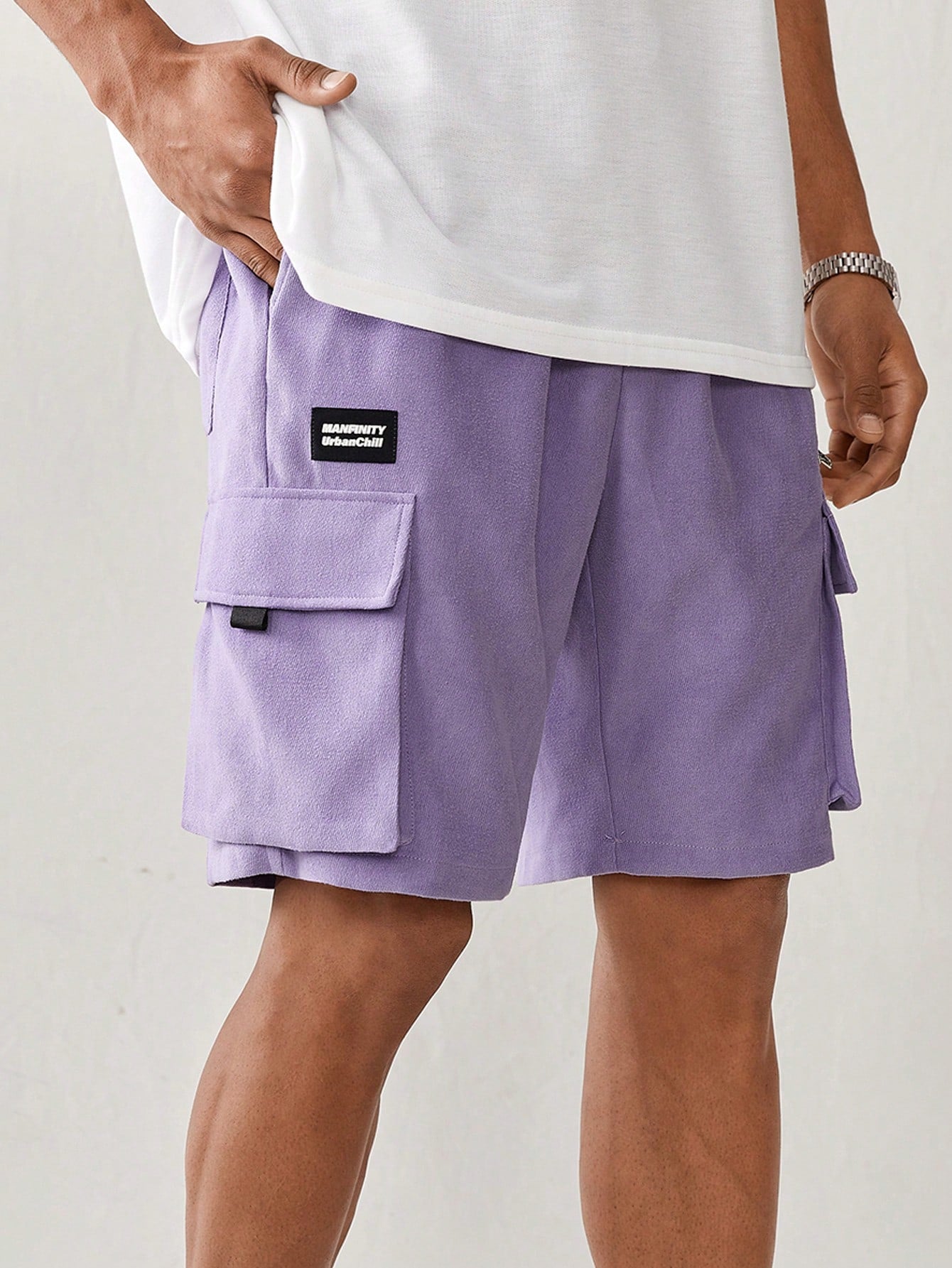 Men Spring Summer Woven Casual Plaid Detail Work Shorts Baggy Drawstring Cargo Cool Plain Light Purple Urban Fashion Friends