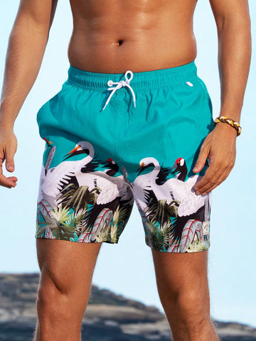 Men Beach Shorts With Animal Print And Drawstring Waist