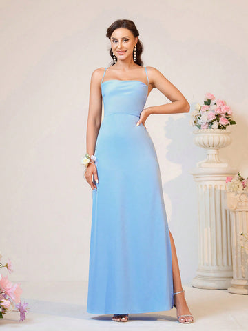 Women Elegant Blue Satin Material Spaghetti Straps Mermaid Style Backless With High Side Slit And Bow Tie Perfect For Wedding Occasions Back To School Music Festival Summer Bridesmaid Dress