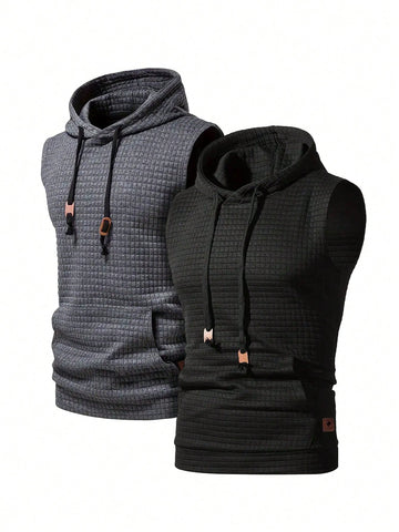 Men Summer Fashionable Kangaroo Pocket Drawstring Hooded Sports Tank Top Workout Tops