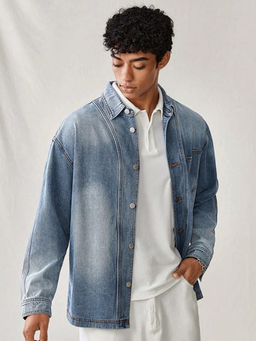 Men Light Blue Loose Casual Denim Shirt, Long Sleeve, Spring Outdoor