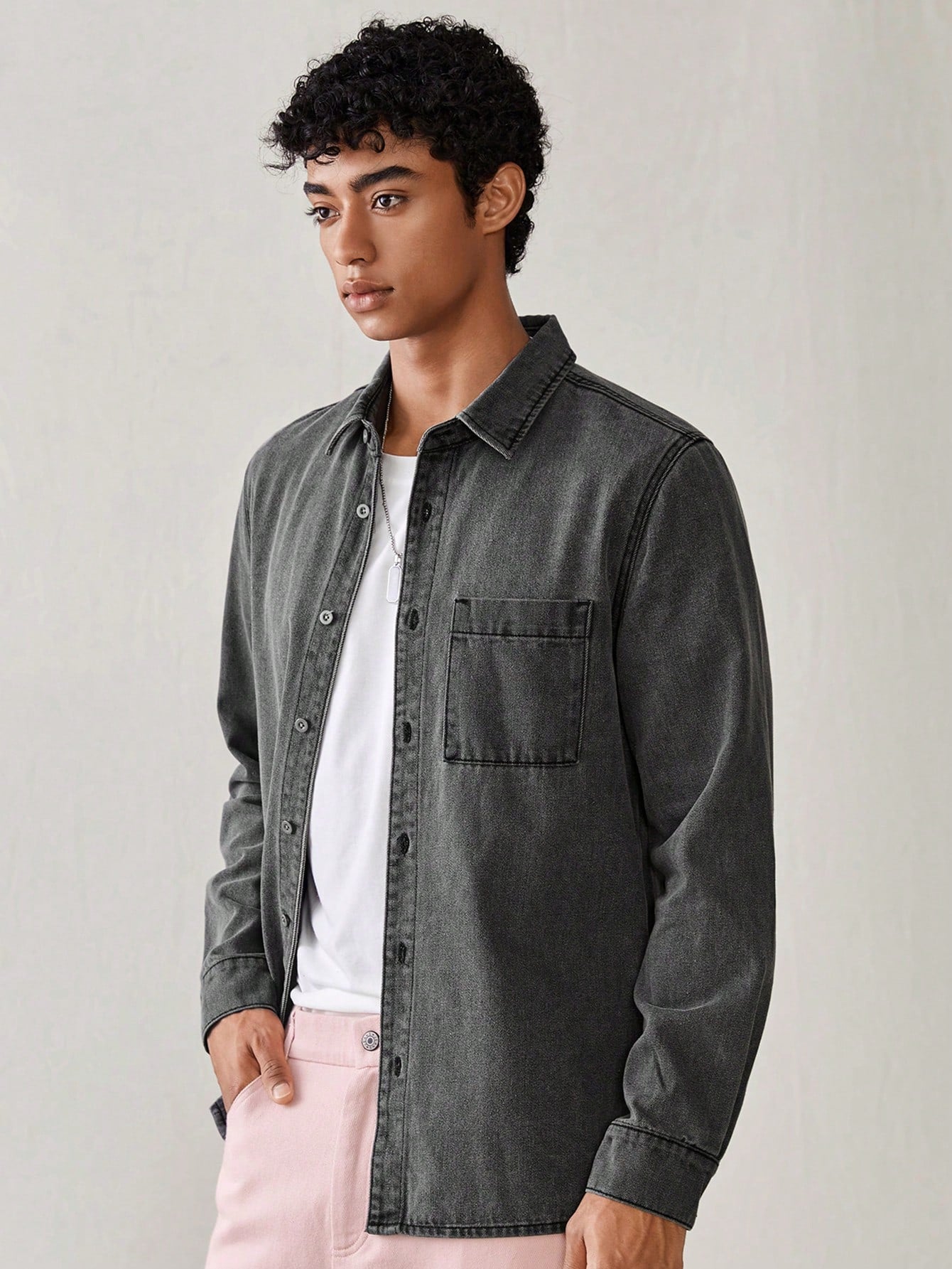 Men Light Grey Pocket Patched Denim Casual Shirt