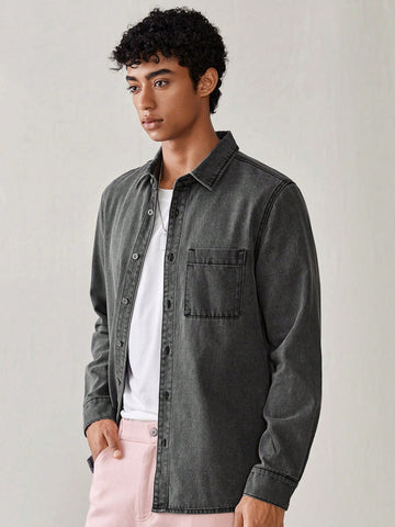 Men Light Grey Pocket Patched Denim Casual Shirt