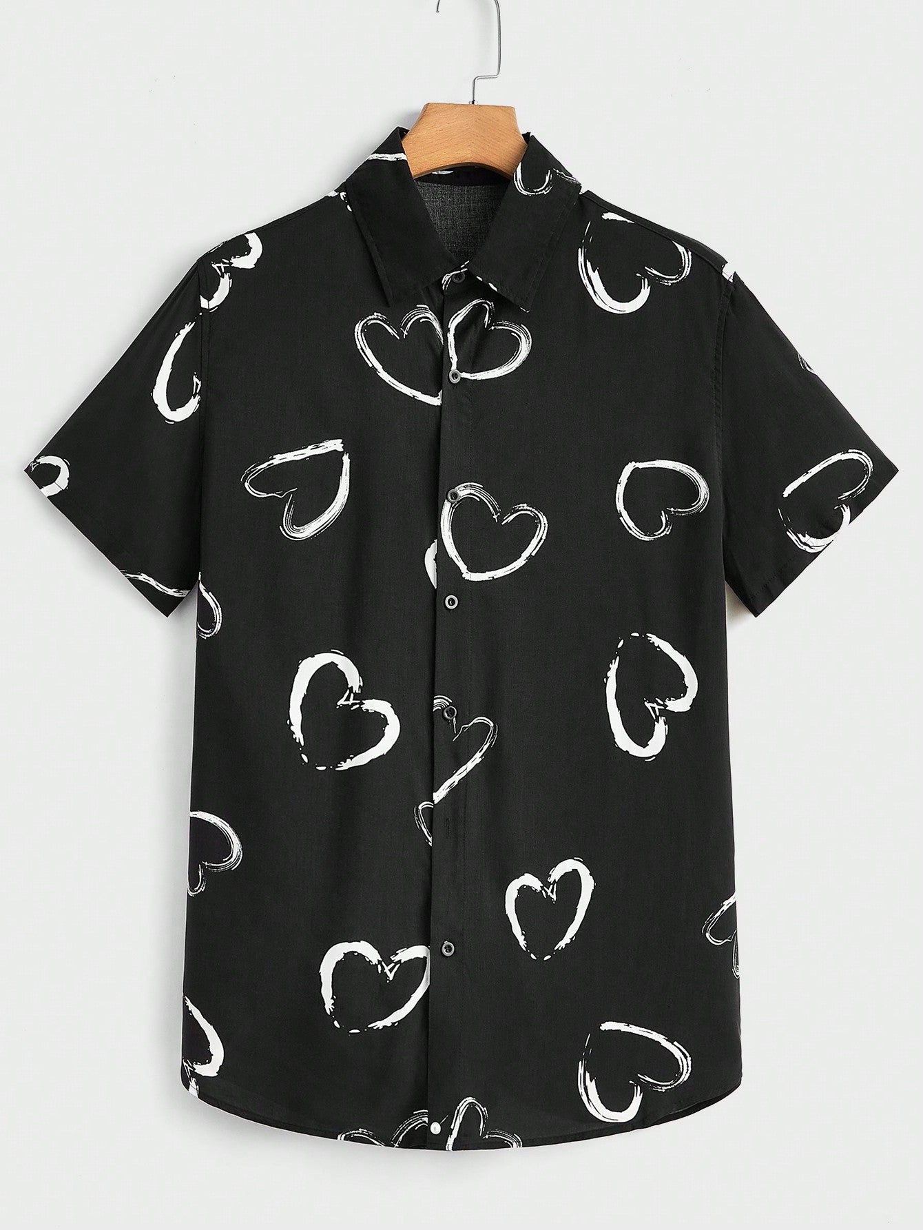 Men Summer Loose Love Heart Printed Short Sleeve Woven Casual Shirt