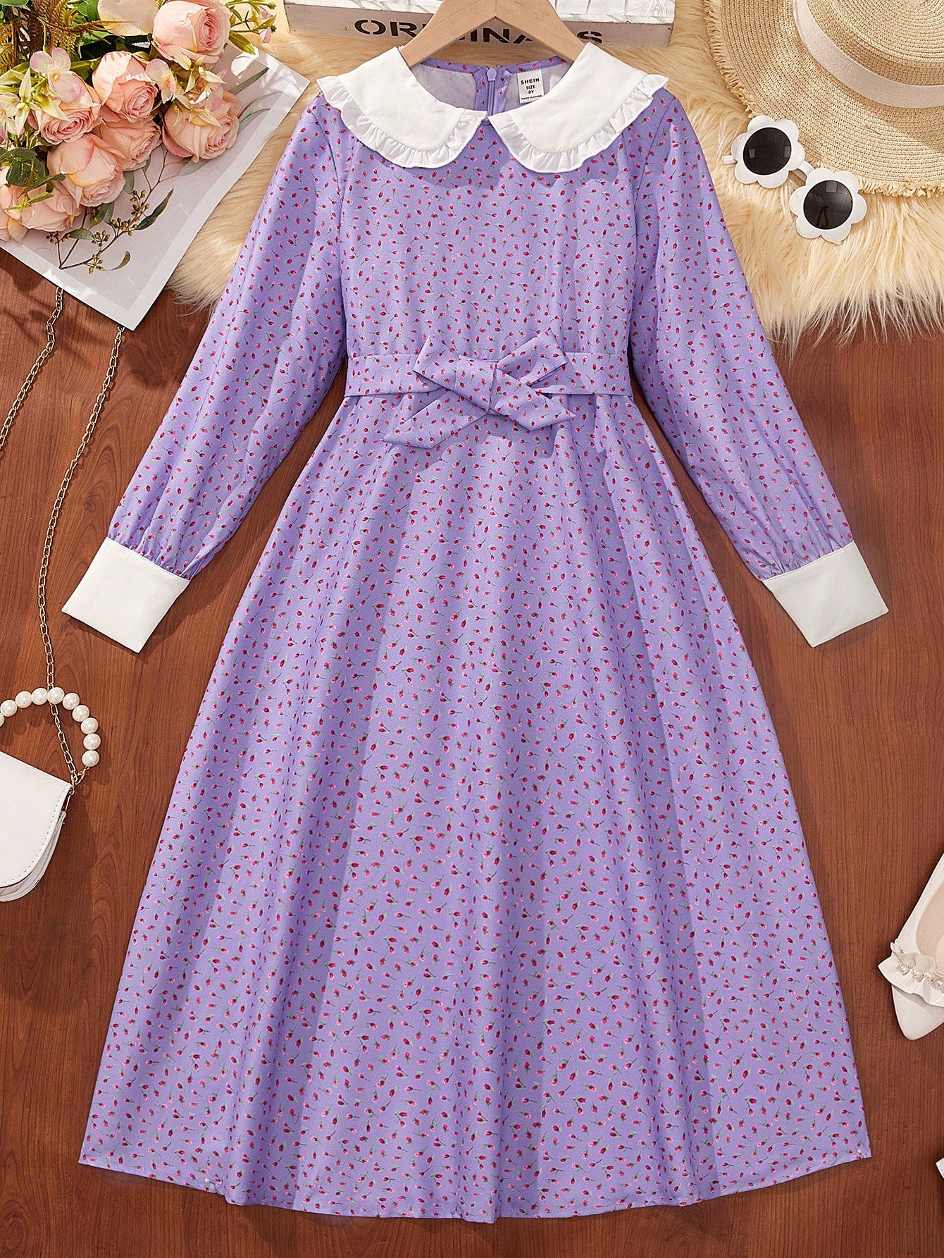 Tween Girl Spring/Summer Casual Floral Patchwork Lace Doll Collar Long Sleeve Dress