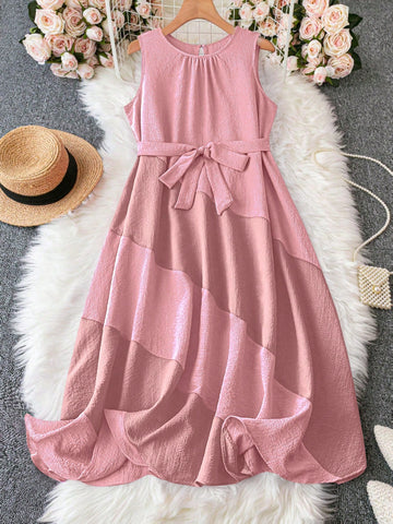 Plus Size Women Summer Color Block Loose Fit Casual Vest Long Simple Dress With Round Neck