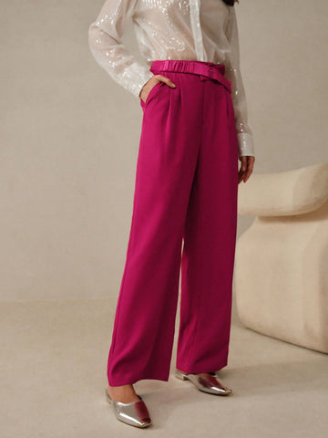 Ladies Pleated Straight Leg Woven Trousers In Pink With Splice Details, Belt And Casual Elastic Waist