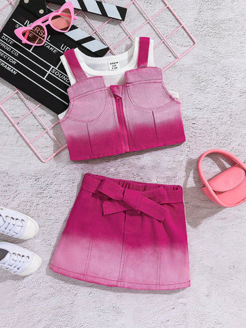 3-Piece Set Of Spring/Summer Style Pink Washed Denim Vest, White Base Layer Vest And Pink Washed Denim Fashionable Short Skirt For Trendy Baby Girls