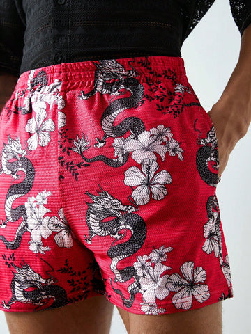 Men's Beach Shorts With Dragon Pattern Printed In Red