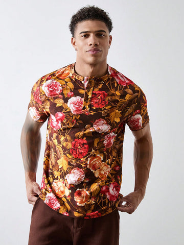 Men Pure Cotton Floral Printed Henley Neck T-Shirt In Brown