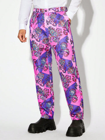 Men Floral Print Woven Tapered Straight Casual Suit Pants With Pockets