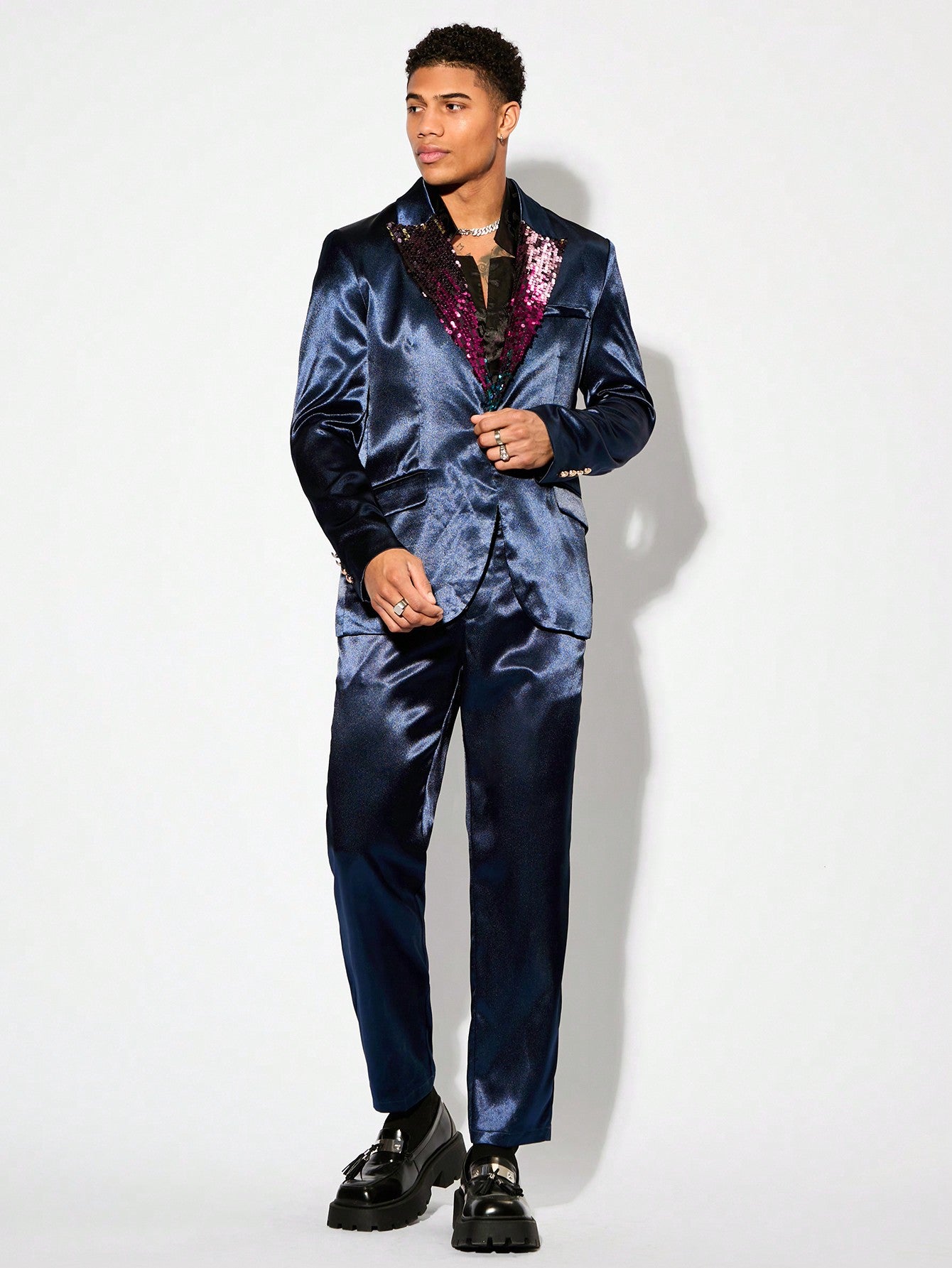 Men Business Casual Glitter Party Nightclub Suit Featuring Woven Color-Blocking And Sequin Details, Jacket And Pants Two-Piece Set, Fashion Men Clothes