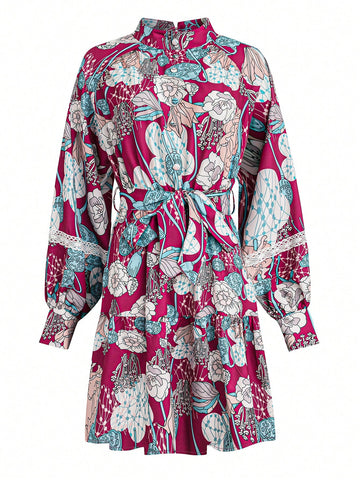 Women Casual Spring Lantern Sleeve Dress With Random Floral Print