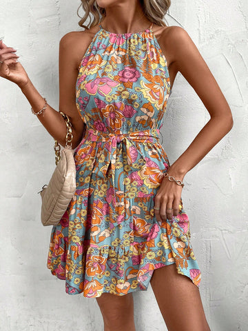 Plus Size Women's Vacation Style Floral Print Halter Neck Dress For Summer