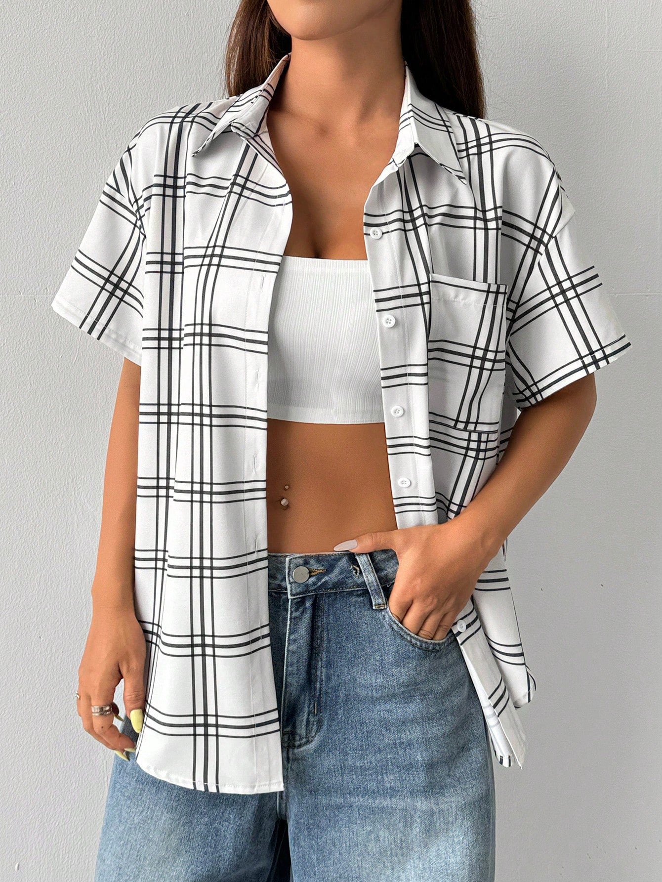 Women Turn-Down Collar Short Sleeve Shirt With Plaid And Print Pattern Front Button Closure