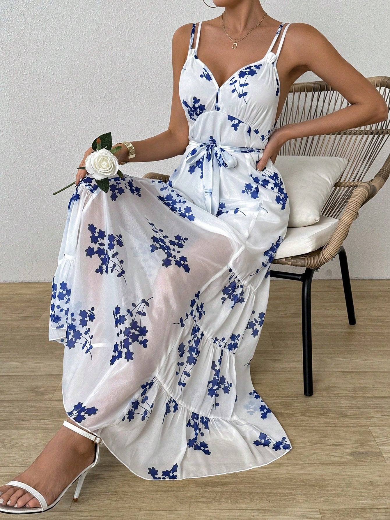 Women Fashionable Random Printed Maxi Slip Dress