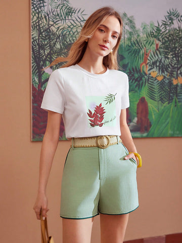 SLOGAN AND PLANTS PRINT SHORT SLEEVE TEE