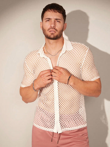 Men See-Through Fishnet Knitted Casual Shirt For Summer