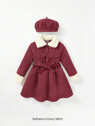 Baby Girl Borg Collar Belted Corduroy Dress With Hat