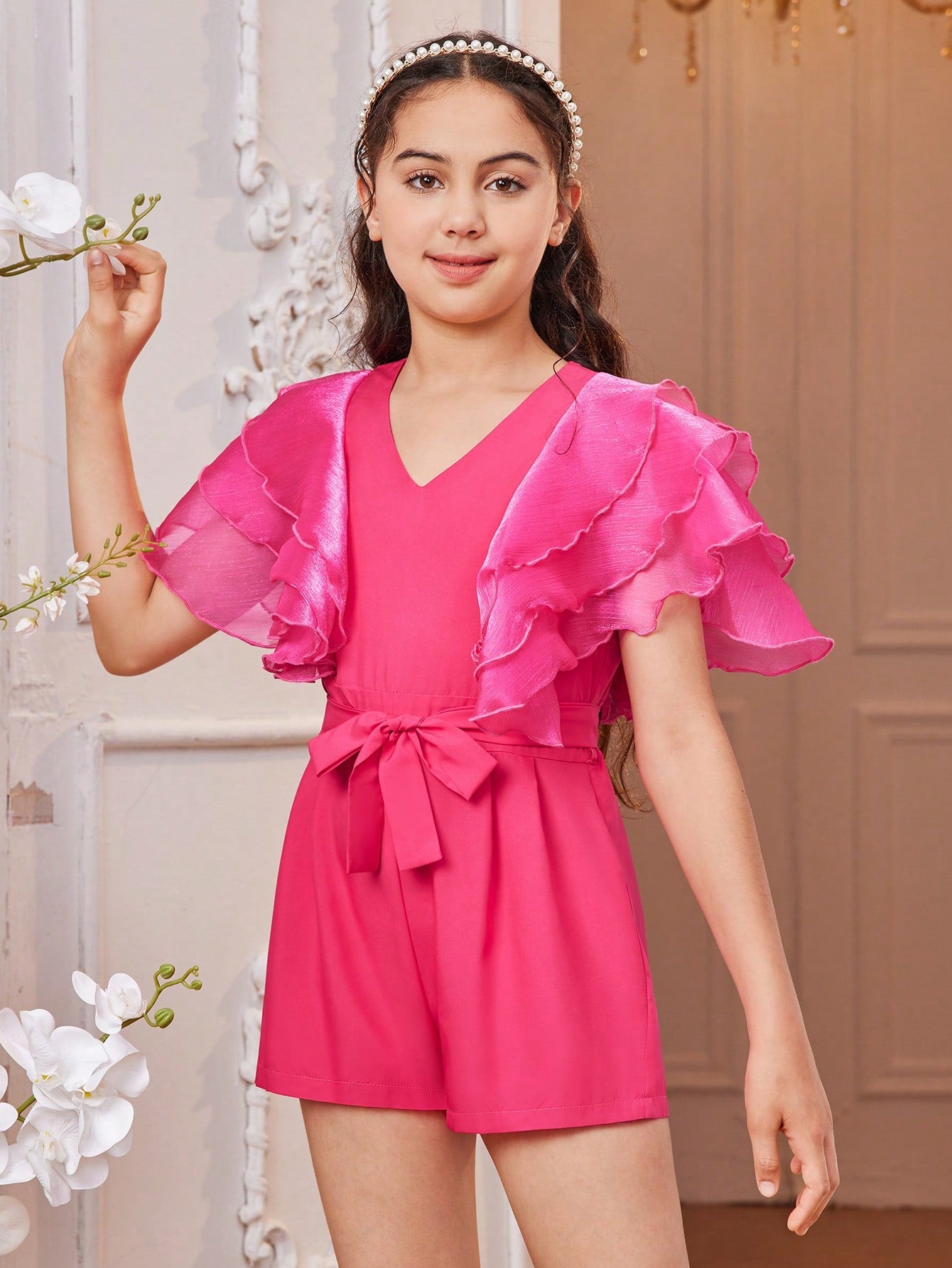 Elegant Romper With Multi-Layer Ruffled Sleeves And Splice Design For Tween Girls