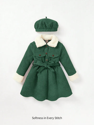 Baby Girl Borg Collar Belted Corduroy Dress & Hat