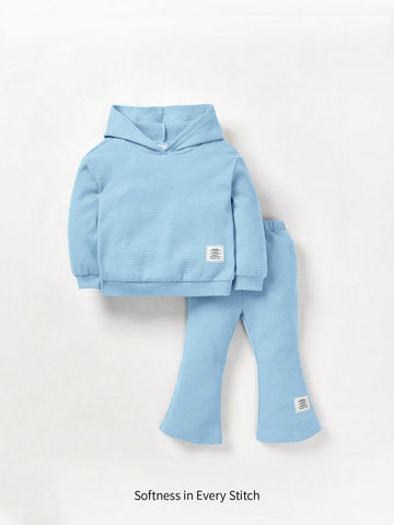 Baby Girl Letter Patched Hoodie & Flare Leg Pants