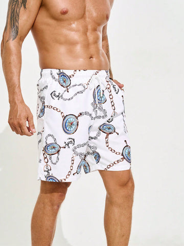 Men Drawstring Waist Chain Printed Pocketed Casual Loose Beach Shorts