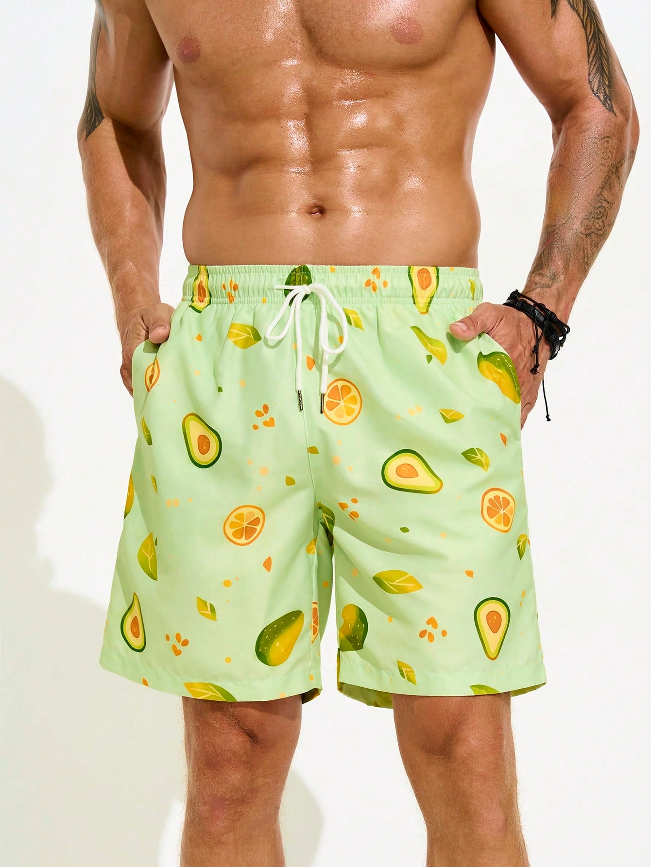 Men Drawstring Waist Avocado Printed Beach Shorts With Pockets