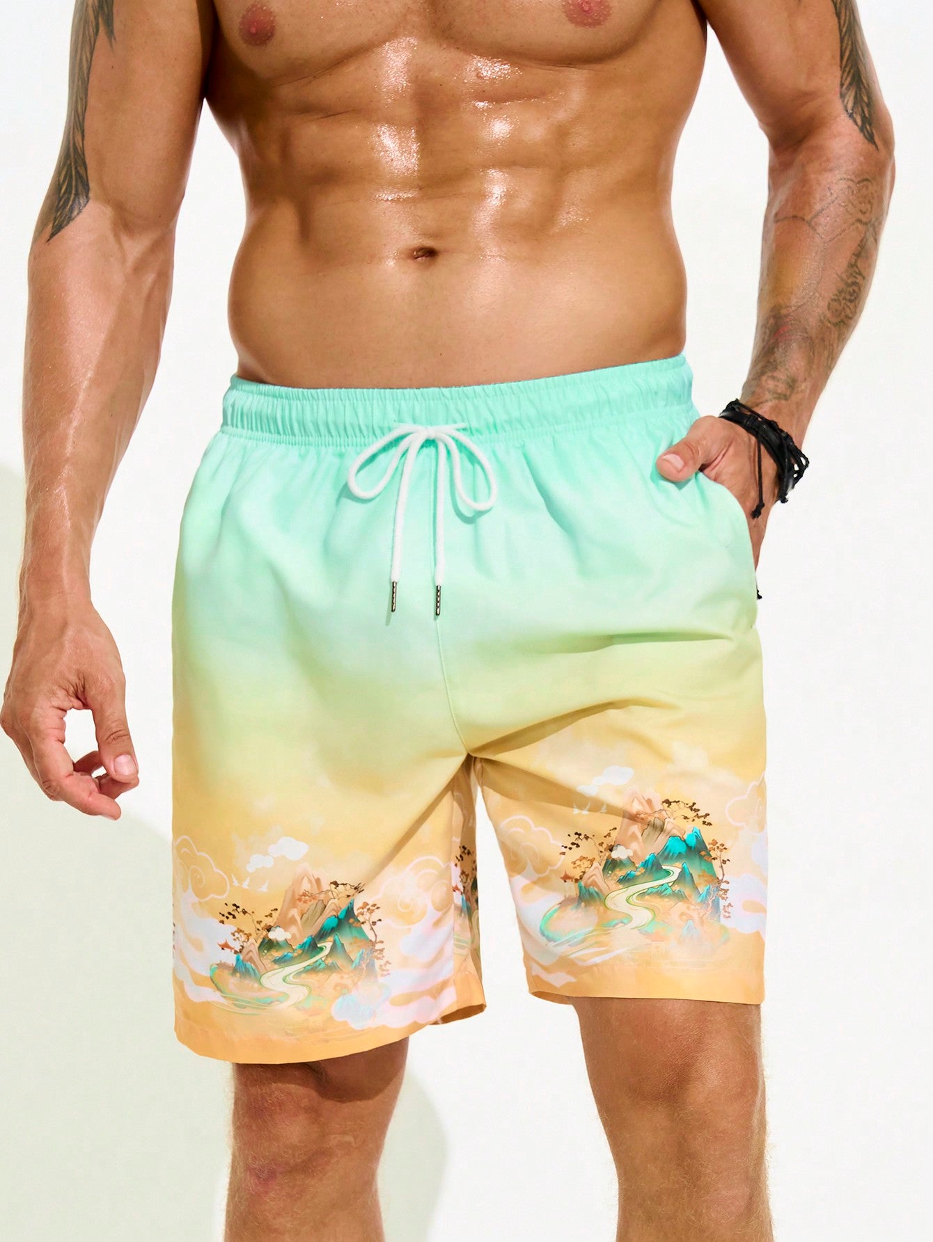 Men Drawstring Waist Mountains Printed Casual Loose Beach Shorts With Pockets