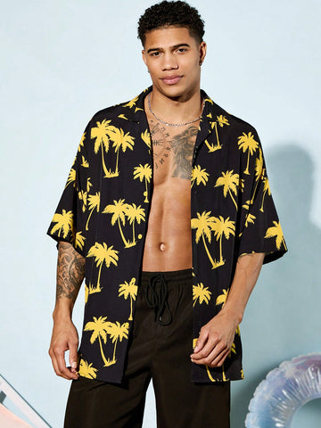 Men Woven Coconut Tree Printed Button Front Vacation Summer Casual Shirt