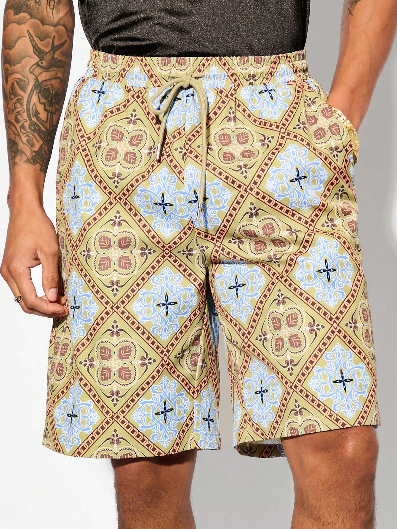 Men Woven Casual Allover Print Drawstring Holiday Shorts Summer