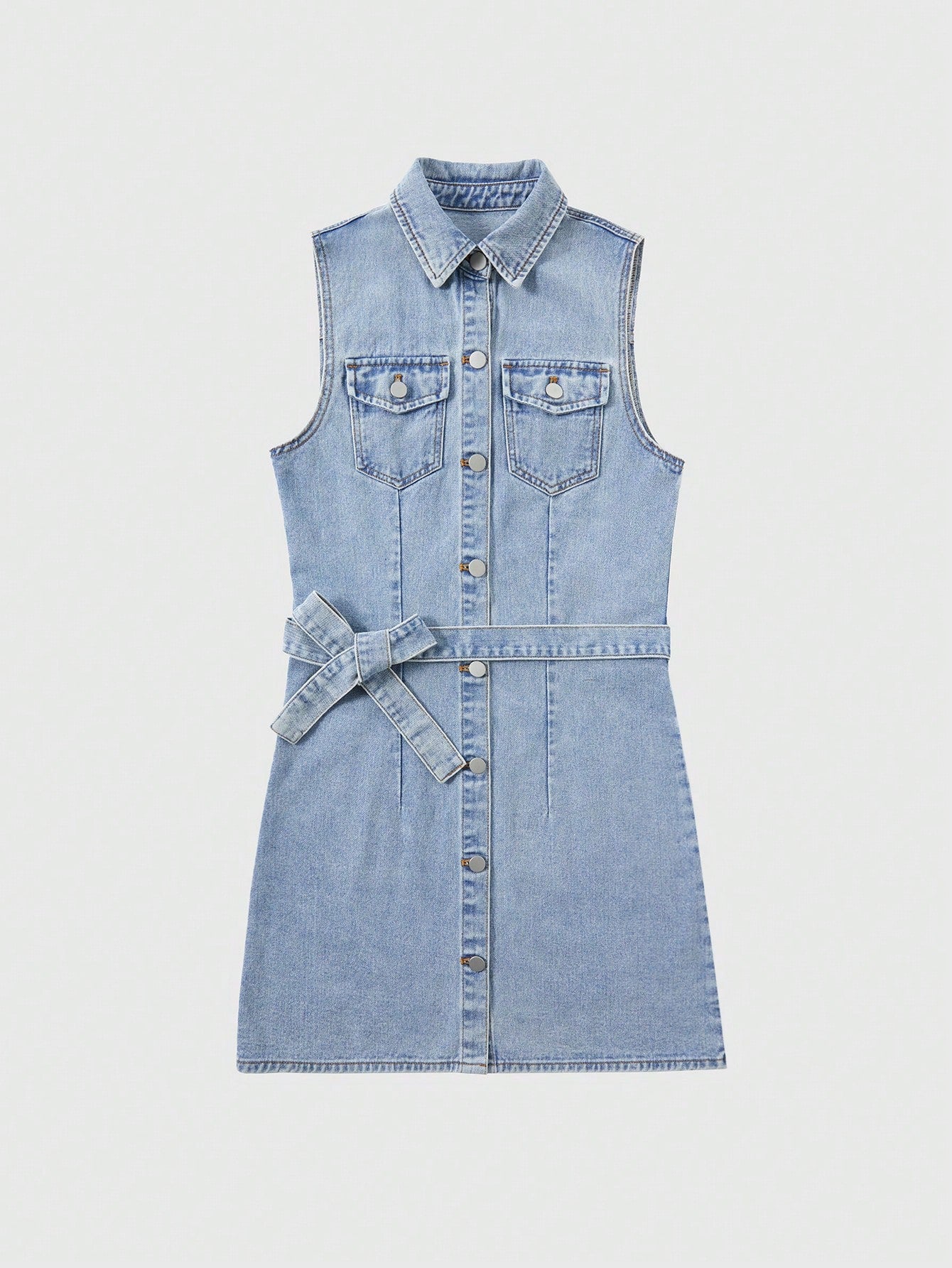 Teen Girl Street Casual Light Blue Washed Raw Hem Denim Shirt Dress With Belt Sleeveless