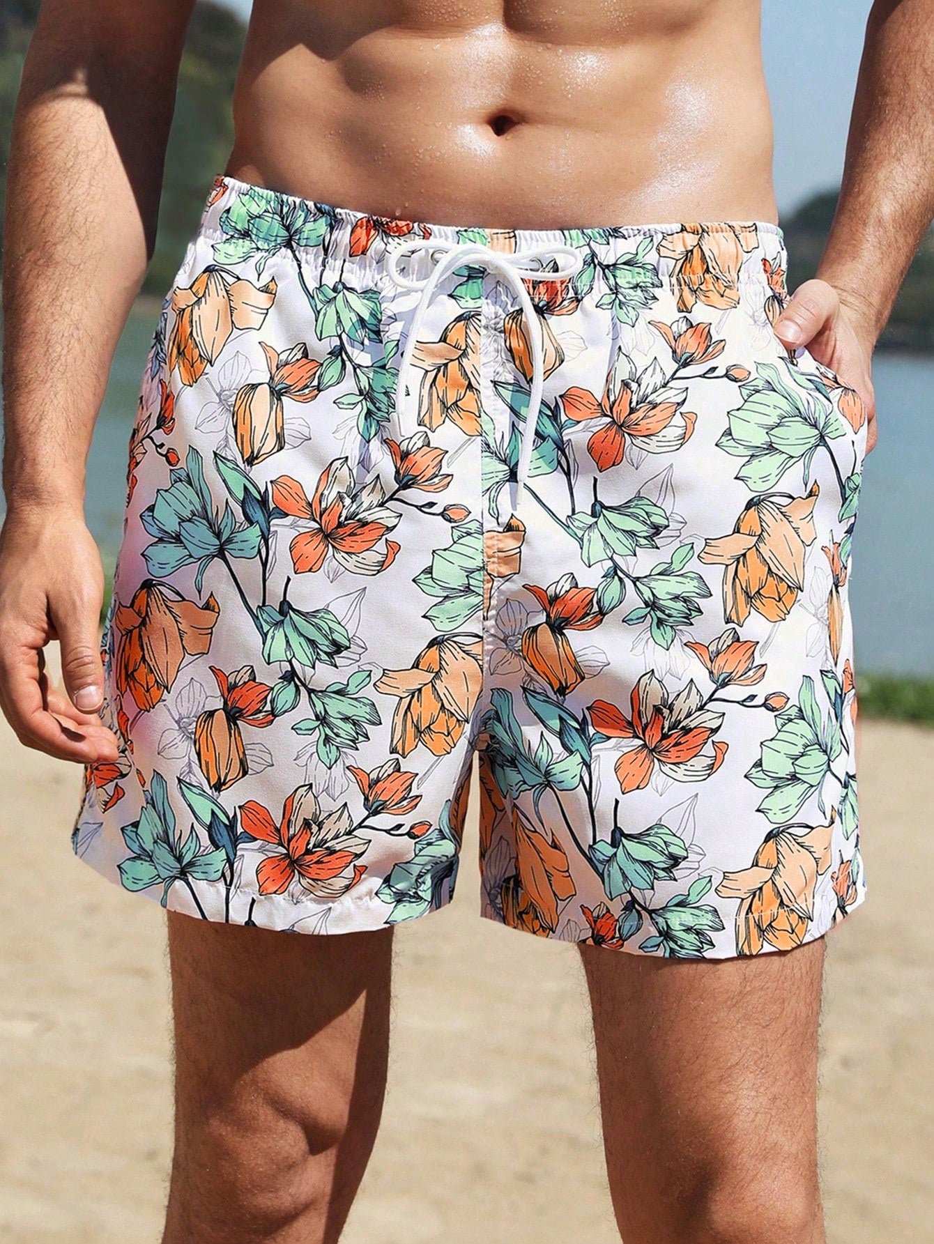 Men Simple Printed Daily Series Drawstring Beach Shorts