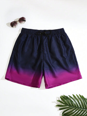 Men Gradient Color Drawstring Beach Shorts