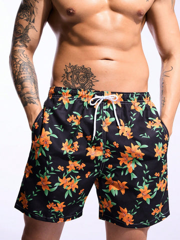 Men Casual Simple Printed Drawstring Beach Shorts