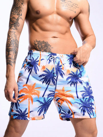 Men Coconut Tree Printed Summer Vacation Drawstring Waist Wide-Leg Beach Shorts