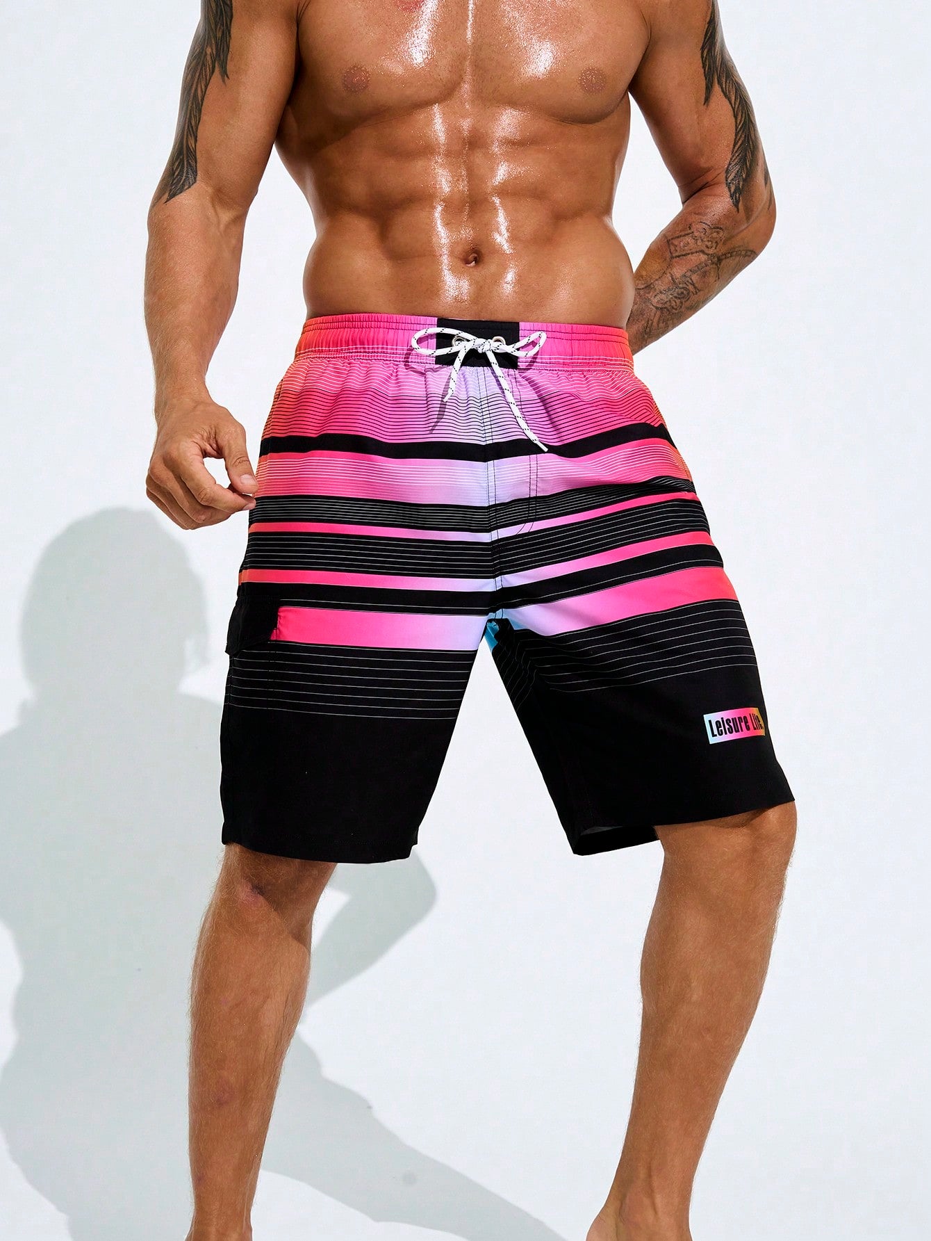 Men Colorblock Drawstring Waist Summer Loose Beach Holiday Shorts