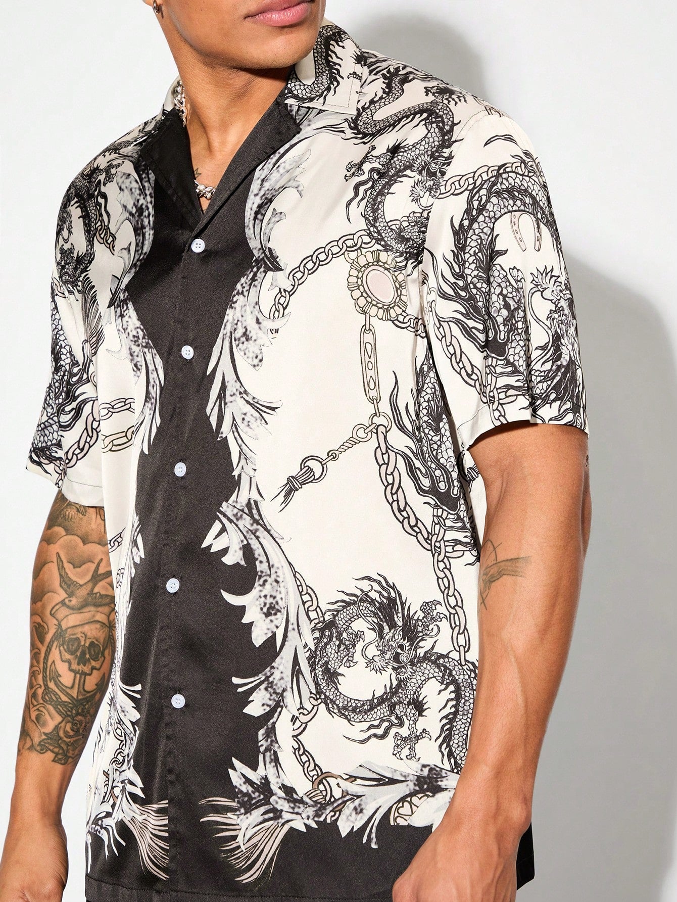 Men's Casual Shiny Woven Shirt With Dragon Pattern For Parties, Nightclubs, And More