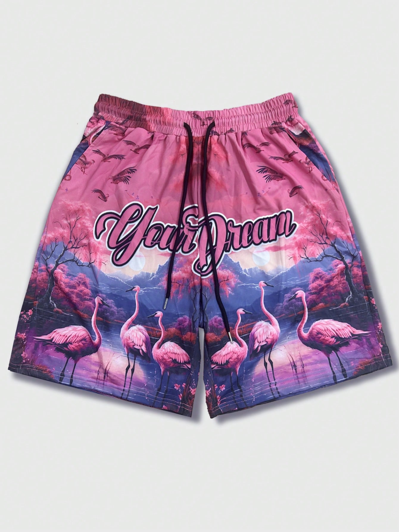 Men Flamingo Print Holiday Shorts, Hawaii Beach Shorts For Summer