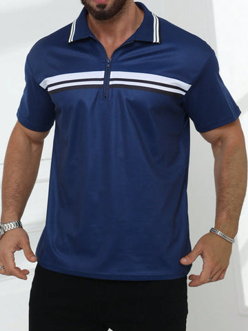 Men's Zipper Closure Horizontal Spliced Polo Shirt