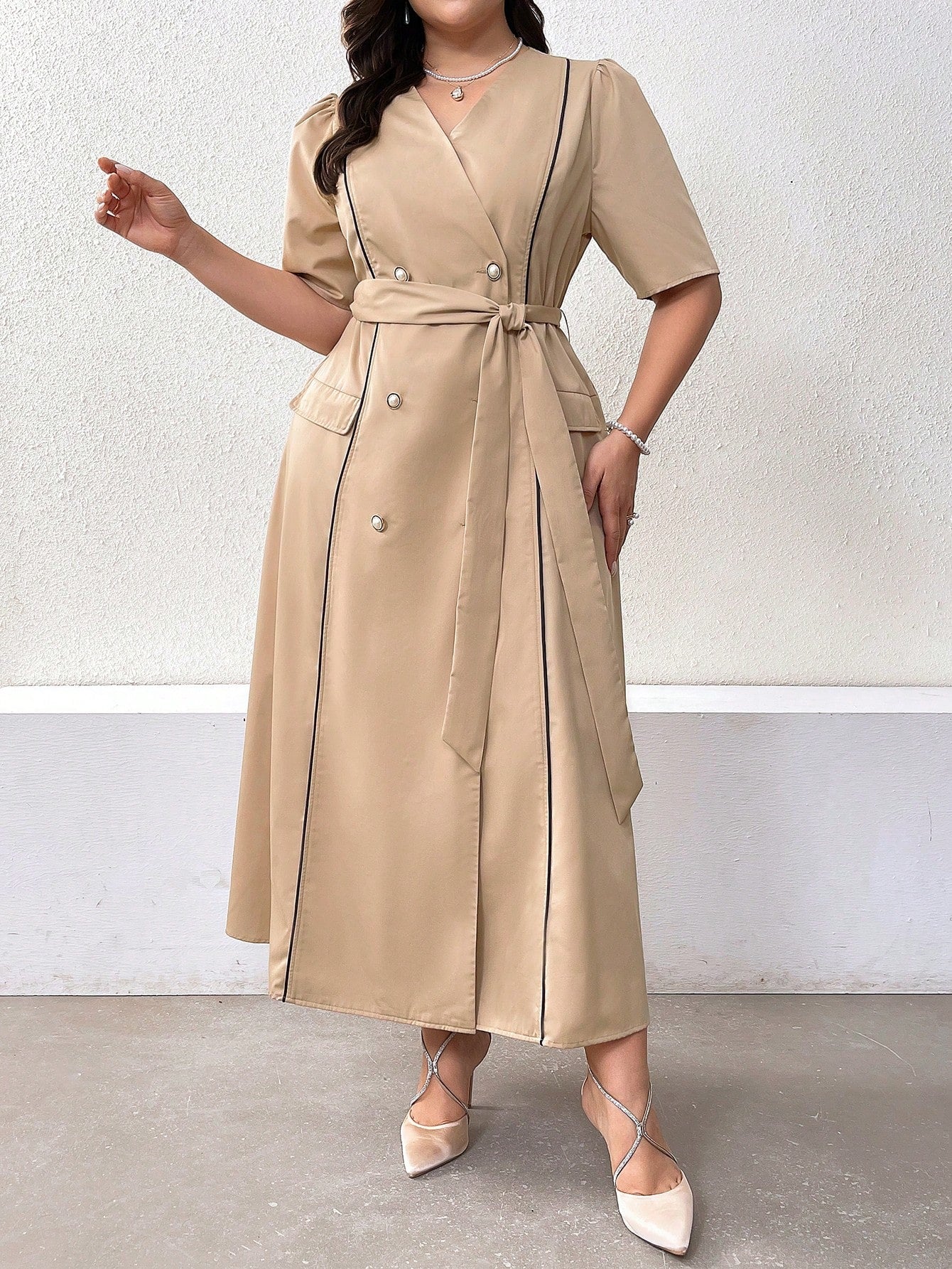 Plus Size Double Breasted Belted Short Sleeve Dress For Daily Wear