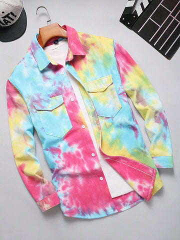 Men Spring Loose Casual Ombre Flip Pocket Long Sleeve Denim Shirt