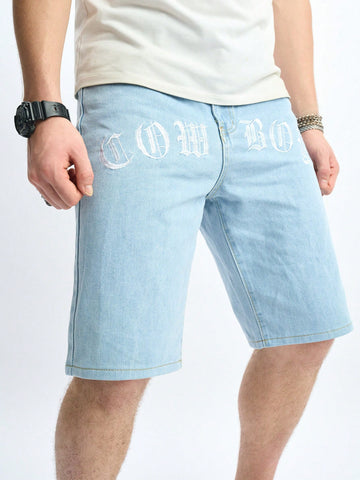 Men Casual Bermuda Denim Shorts With Letter Print Pockets